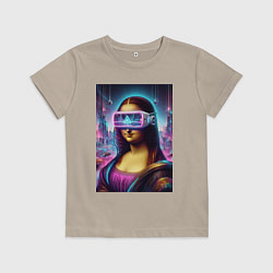 Футболка хлопковая детская Джоконда в виртуальных очках - киберпанк, цвет: миндальный