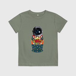 Футболка хлопковая детская Матрёшка космонавт, цвет: авокадо
