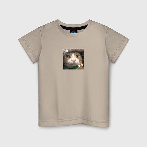 Детская футболка Рыжий кот с сердечками для пары / Миндальный – фото 1
