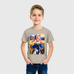 Футболка хлопковая детская Лиса посреди живописного поля, цвет: миндальный — фото 2