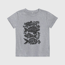 Футболка хлопковая детская Рыбы в народном стиле с орнаментами, цвет: меланж