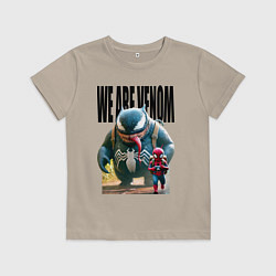 Футболка хлопковая детская Веном и Человек- паук в туристическом походе, цвет: миндальный