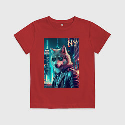 Футболка хлопковая детская Крутой волчара в ночном Нью-Йорке - нейроарт, цвет: красный
