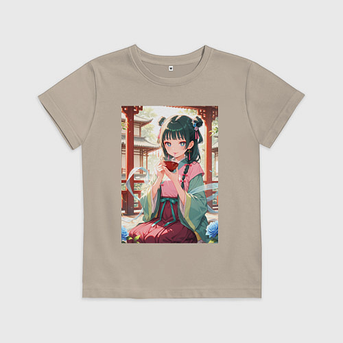 Детская футболка Мао Мао дегустирует еду в окружении синих роз / Миндальный – фото 1