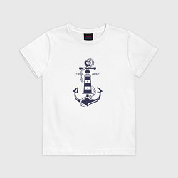 Футболка хлопковая детская Морская эмблема - якорь и маяк, цвет: белый