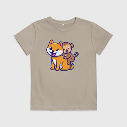 Футболка хлопковая детская Собачка и обезьянка, цвет: миндальный