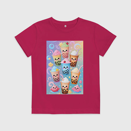 Детская футболка Улыбающиеся яркие разноцветные стаканчики с bubble / Маджента – фото 1