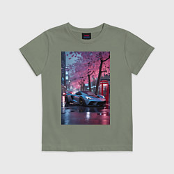 Футболка хлопковая детская Суперкар и сакура, цвет: авокадо