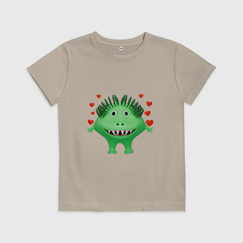 Детская футболка Влюбленный мультяшный зеленый монстр / Миндальный – фото 1