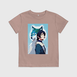 Футболка хлопковая детская Мечтательная девчонка и волк - нейроарт, цвет: пыльно-розовый