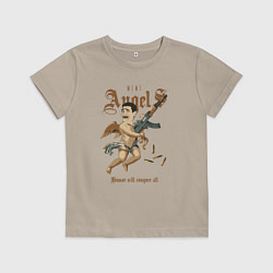 Футболка хлопковая детская Мем Яо Мин в виде ангела с автоматом, цвет: миндальный