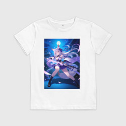 Футболка хлопковая детская Лисица с катаной на фоне Луны, цвет: белый