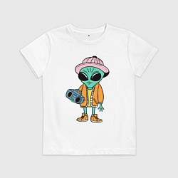 Футболка хлопковая детская Инопланетянин с магнитофоном, цвет: белый