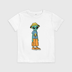 Футболка хлопковая детская Инопланетянин в шляпе, цвет: белый