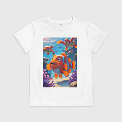 Футболка хлопковая детская Рыбка клоун плавает с черепахами, цвет: белый