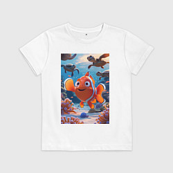Футболка хлопковая детская Рыбка клоун плавает с черепахами, цвет: белый