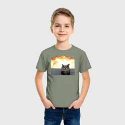 Футболка хлопковая детская Кот со взрывом - silly cat meme, цвет: авокадо — фото 2