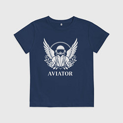 Футболка хлопковая детская Авиатор с крыльями и цветами, цвет: тёмно-синий
