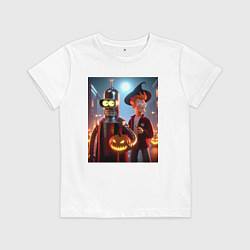 Футболка хлопковая детская Бендер и Фрай в шляпе - ночь на хэллоуин, цвет: белый