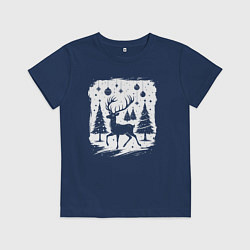 Футболка хлопковая детская Олень в новогоднем лесу, цвет: тёмно-синий