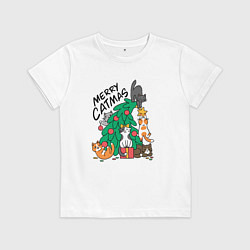 Футболка хлопковая детская Merry catmas, цвет: белый