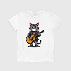 Футболка хлопковая детская Кот в косухе с акустической гитарой, цвет: белый