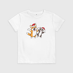 Футболка хлопковая детская Друзья корги и кот в новогоднем настроении, цвет: белый