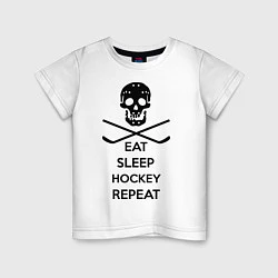 Футболка хлопковая детская Eat sleep hockey repeat, цвет: белый