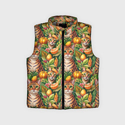 Детский жилет Бенгальский котик в тропических листьях, цвет: 3D-светло-серый