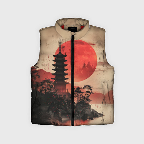 Детский жилет Башня на фоне алого заката - Япония / 3D-Красный – фото 1