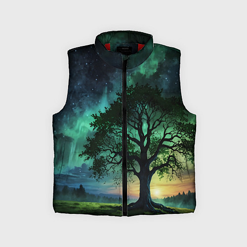 Детский жилет Дерево под северным сиянием / 3D-Красный – фото 1