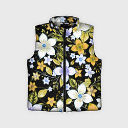 Детский жилет Жёлто-белые цветы на чёрном фоне, цвет: 3D-светло-серый