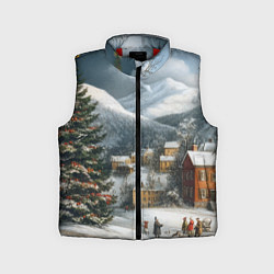 Детский жилет Новогодняя огромная елка и маленькие домики, цвет: 3D-красный