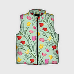 Детский жилет Тюльпаны цветочный паттерн на светло-зелёном фоне, цвет: 3D-красный