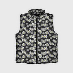 Детский жилет Белые цветы ромашки на черном в мелкий горошек, цвет: 3D-черный