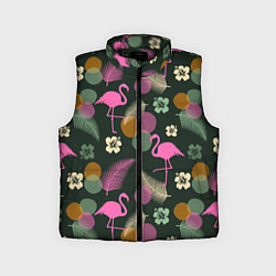 Детский жилет Фламинго и листья на темно-зеленом, цвет: 3D-черный