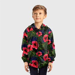 Ветровка с капюшоном детская Тропические цветы и листья, цвет: 3D-черный — фото 2
