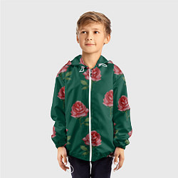 Ветровка с капюшоном детская Ярко красные розы на темно-зеленом фоне, цвет: 3D-белый — фото 2