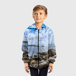 Ветровка с капюшоном детская Парусник на горизонте океана, цвет: 3D-черный — фото 2