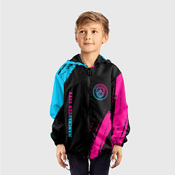 Ветровка с капюшоном детская Manchester City - neon gradient: надпись, символ, цвет: 3D-черный — фото 2