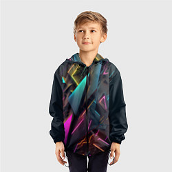 Ветровка с капюшоном детская Неоновые абстрактные полигоны, цвет: 3D-черный — фото 2