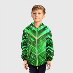 Ветровка с капюшоном детская Зелёные неон полосы киберпанк, цвет: 3D-белый — фото 2