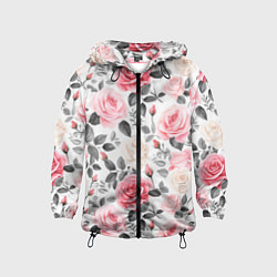 Ветровка с капюшоном детская Розовые розы и серые листочки - паттерн, цвет: 3D-черный