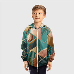 Ветровка с капюшоном детская Арт деко зеленый и золотой узор из геометрических, цвет: 3D-белый — фото 2