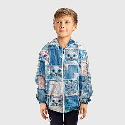 Ветровка с капюшоном детская Кошки на пэчворк джинсах паттерн, цвет: 3D-белый — фото 2