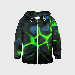 Ветровка с капюшоном детская Зеленый неон и разлом плит, цвет: 3D-белый