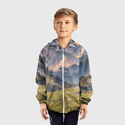 Ветровка с капюшоном детская Зелёное поле и небо - аниме, цвет: 3D-белый — фото 2