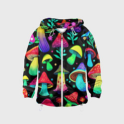 Ветровка с капюшоном детская Биолюминесцентные кислотные грибы, цвет: 3D-белый