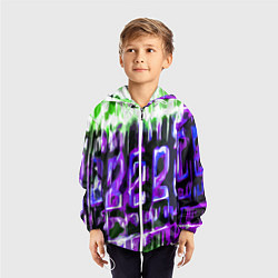 Ветровка с капюшоном детская Фиолетово-зелёная абстракция на чёрном фоне, цвет: 3D-белый — фото 2