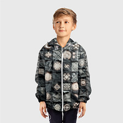 Ветровка с капюшоном детская Африканские знаки на пэчворк дениме, цвет: 3D-белый — фото 2